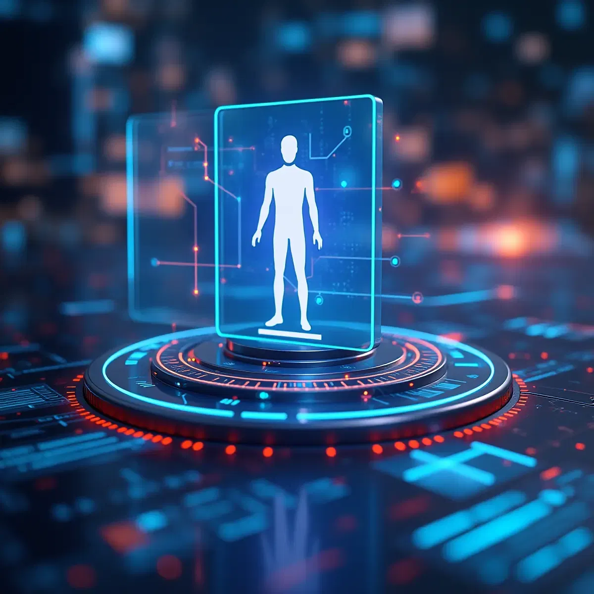 3D IT Governance & Compliance with a man hologram over a disk.