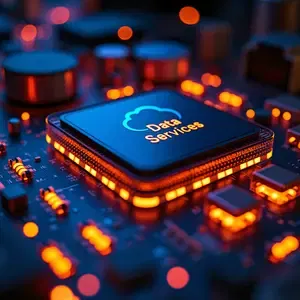 Cloud IT Services-Data Services=with blue and orange glowing PC with cloud data services glowing on the large chip.