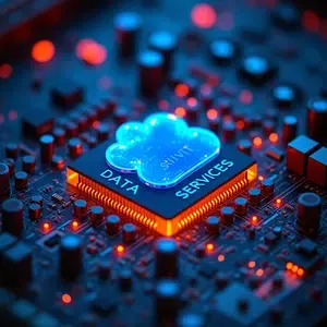 Cloud IT Services-Data Services=with blue and orange glowing PC.