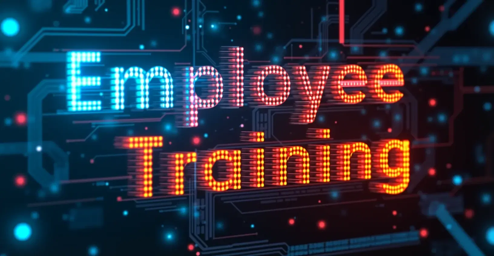 Employee Training with blue and orange glowing cybersecurity symbolism.
