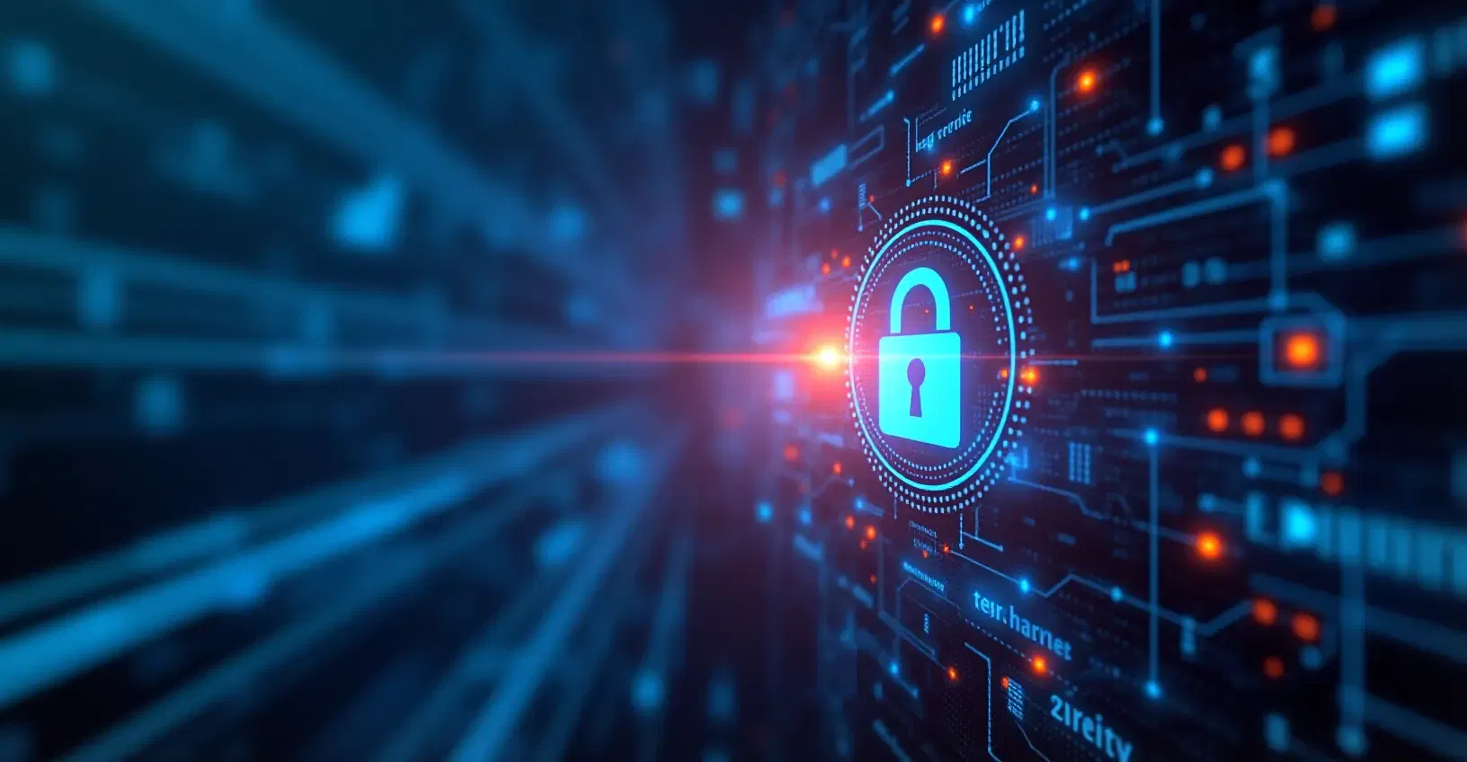 Enterprise Software Solutions with blue and orange lights glowing with cyber security symbolism of an orange padlock and a high intensity light beam emanating from it.