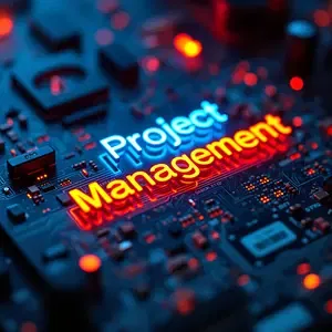Project Management with blue and orange symbolism on computer motherboard.