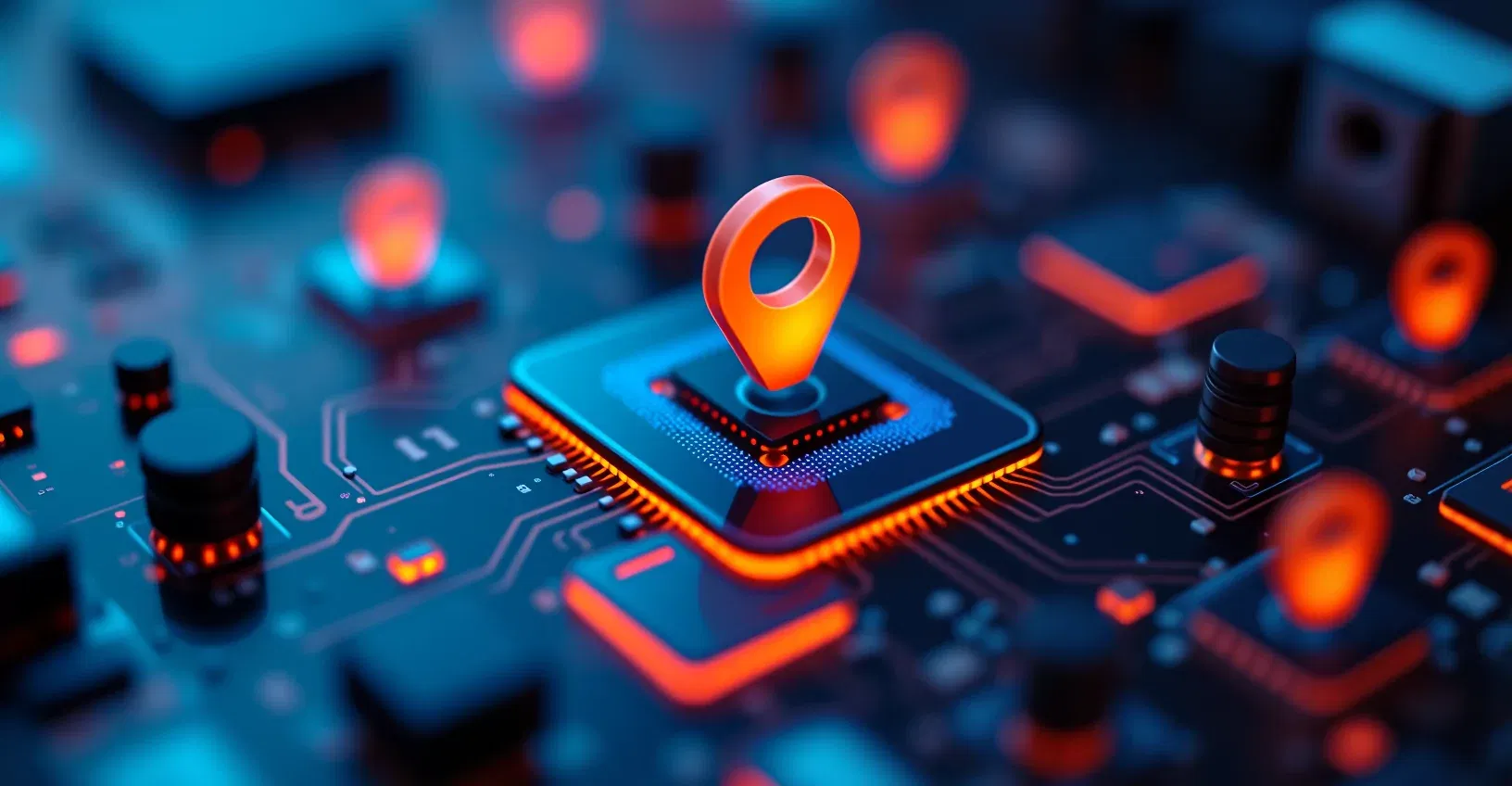 Technology Roadmap Planning with blue and orange glowing symbolism on computer chips.