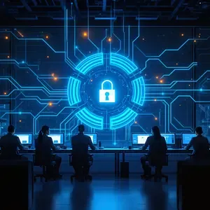 IT Training & Support with Cybersecurity symbolism with blue large security padlock displayed on the screen.
