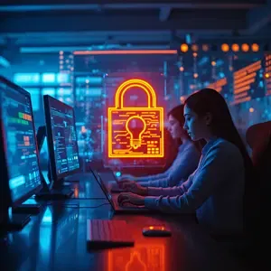 IT Training & Support with Cybersecurity symbolism with orange security padlock holographic image around people working on computers.