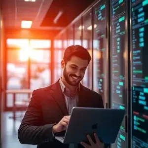 Man working on a laptop in a managed IT server room.